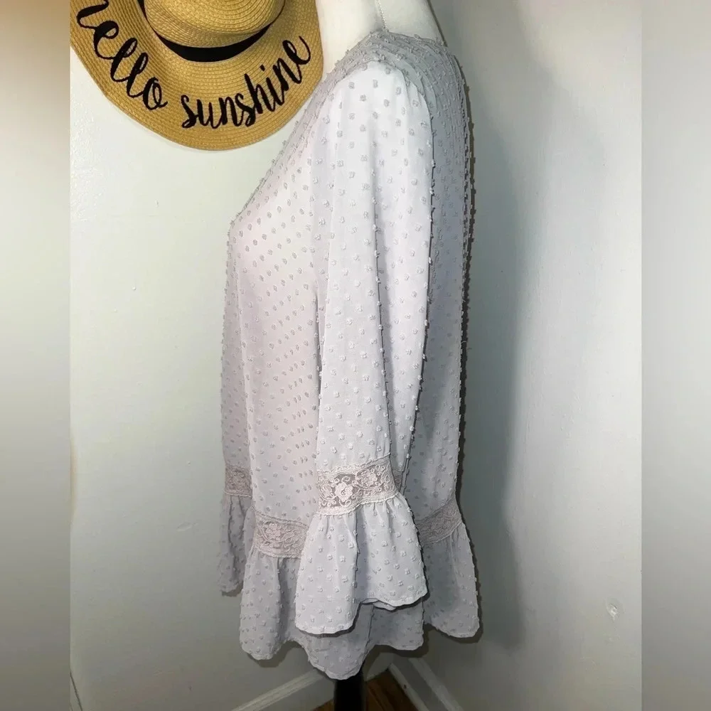 Doe & Rae, L, opaque rounded neckline,gray w/ undertones, pleated‎ yoke front